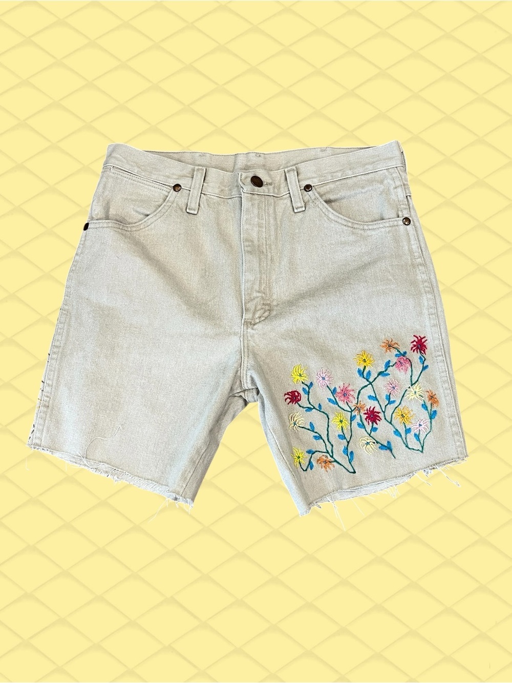 Hand embroidered grunge cut off Wrangler tan shorts-31W OOAK